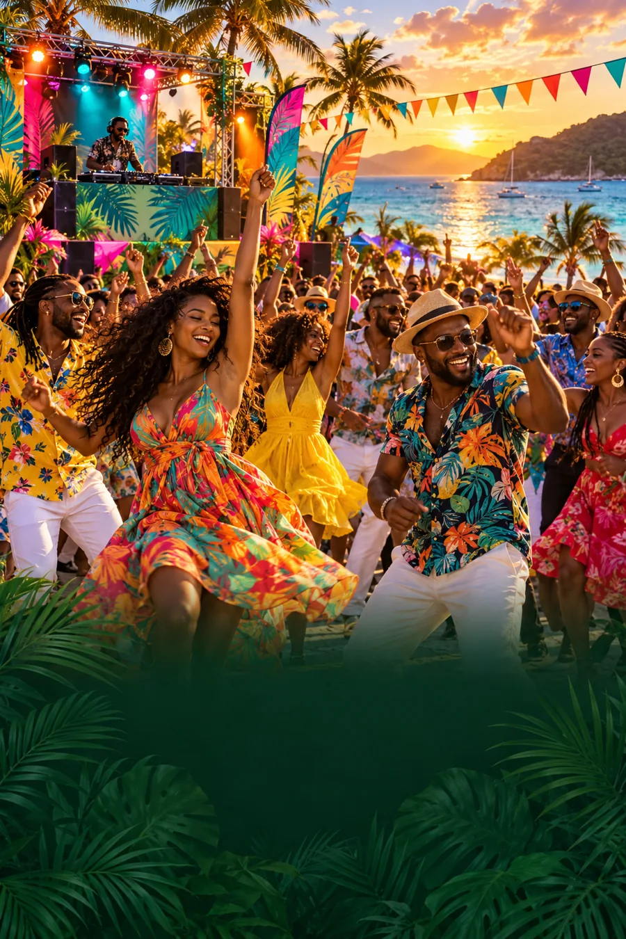 Illustrative Caribbean beach music festival with fictional adult dancers, a DJ and tropical sunset